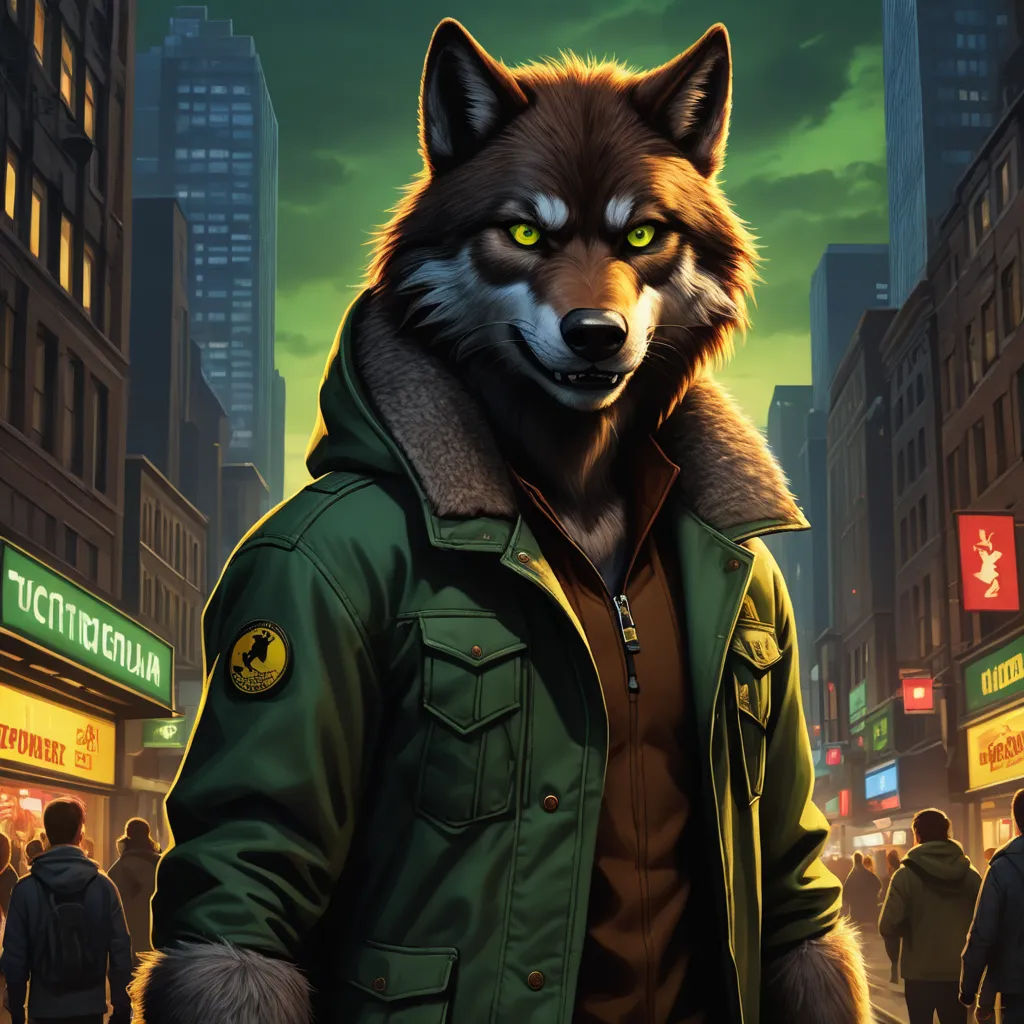 a man in a green jacket with a wolf on his shoulder and a green jacket on his shoulder, in a city at night, furry art, a character portrait, Altichiero, comic cover art