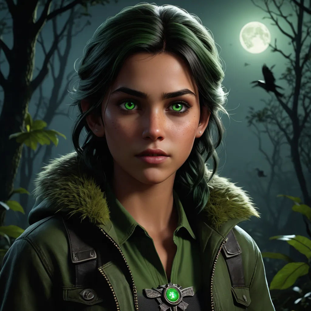 a woman with green eyes and a green jacket in a forest at night with a full moon behind her, sots art, a character portrait, Aleksi Briclot, unreal engine 5 quality render