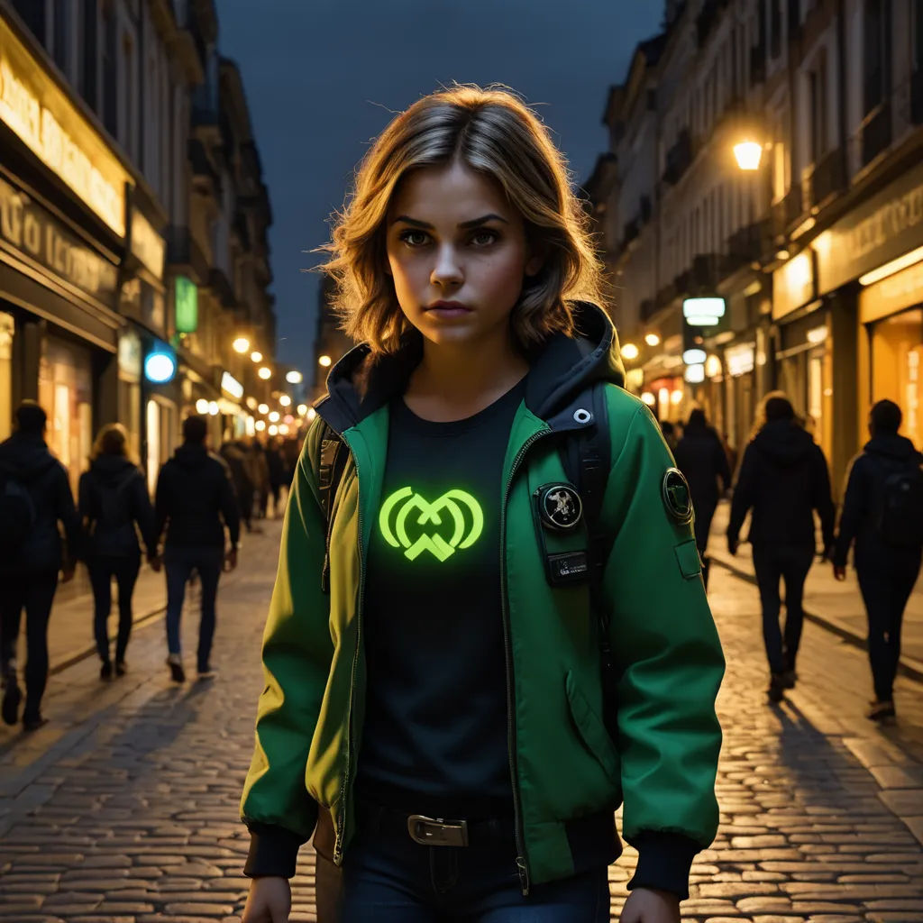 a woman in a green jacket is walking down the street at night with a backpack on her shoulder and a green and black shirt on her chest, maximalism, a character portrait, Daphne Fedarb, promotional image