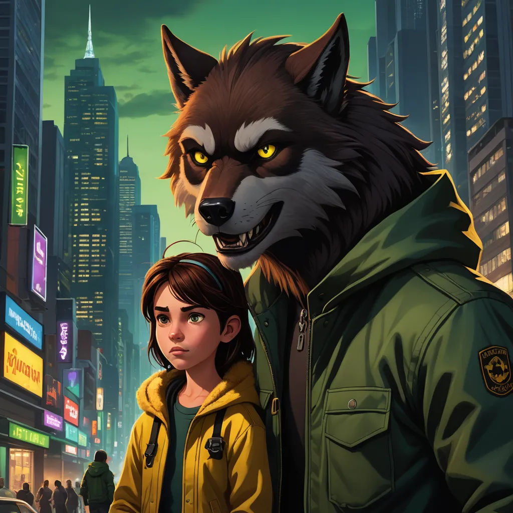 a man and a woman standing in front of a wolf in a city at night with neon lights on, furry art, poster art, Aaron Jasinski, comic cover art