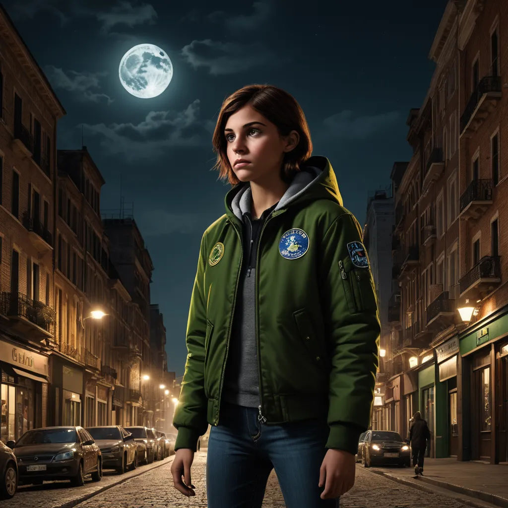 a woman standing on a street at night with a full moon in the background and a full moon in the sky, space art, poster art, Felix-Kelly, promotional image