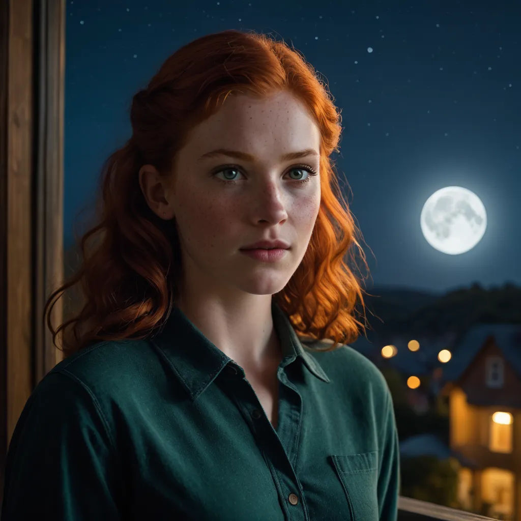 a woman with red hair is looking out a window at the moon and stars in the sky above her, photorealism, a photorealistic painting, Colin Middleton, photoreal