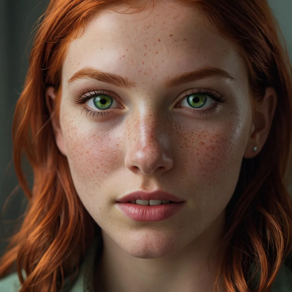 a woman with freckled hair and green eyes looks at the camera with a serious look on her face, photorealism, a computer rendering, Echo Chernik, ultra realistic digital art