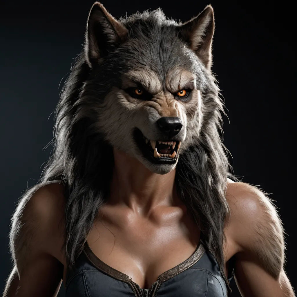 a woman with a wolf mask on her head and a bra top on her chest, with a wolf's head on her chest, furry art, a character portrait, Chris Rahn, realistic character concept