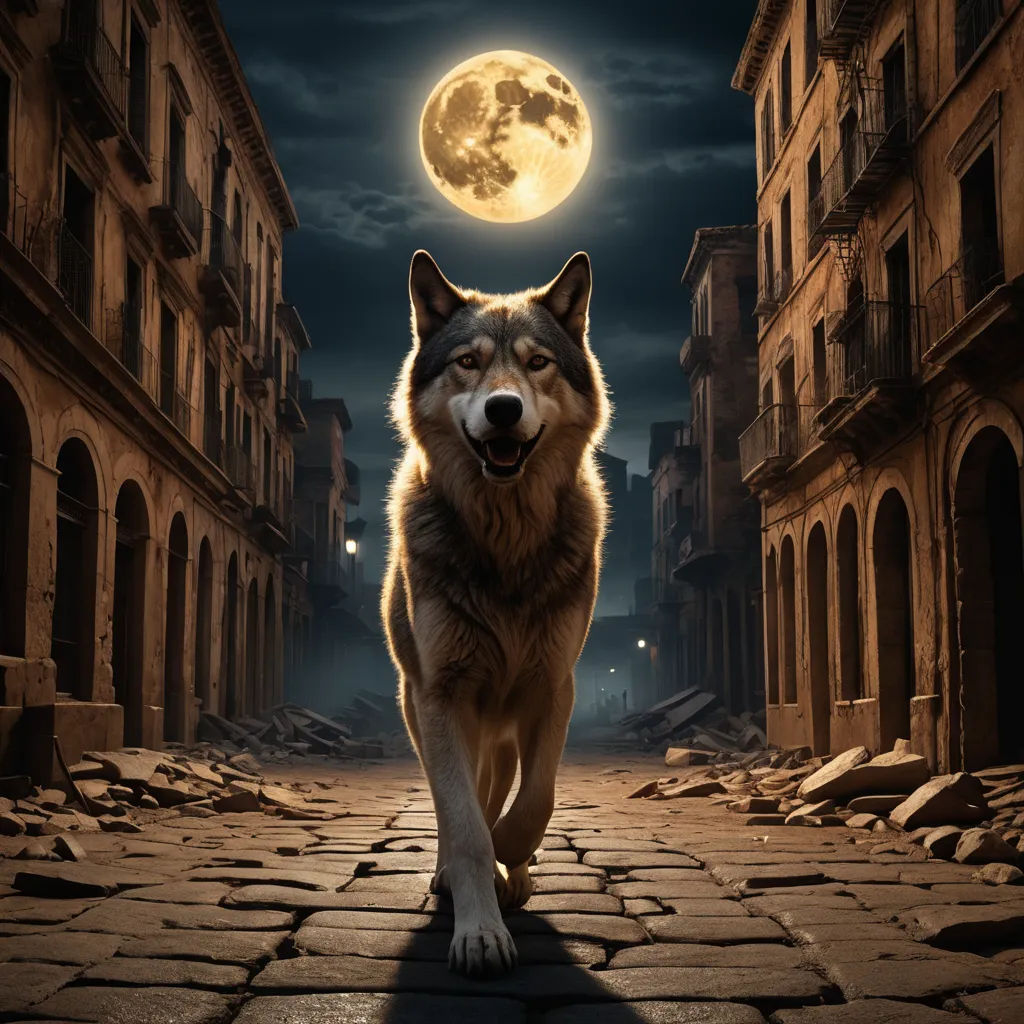 a wolf is walking down a cobblestone street at night with a full moon in the background and a dark sky, furry art, a detailed matte painting, Dirk Crabeth, full moon