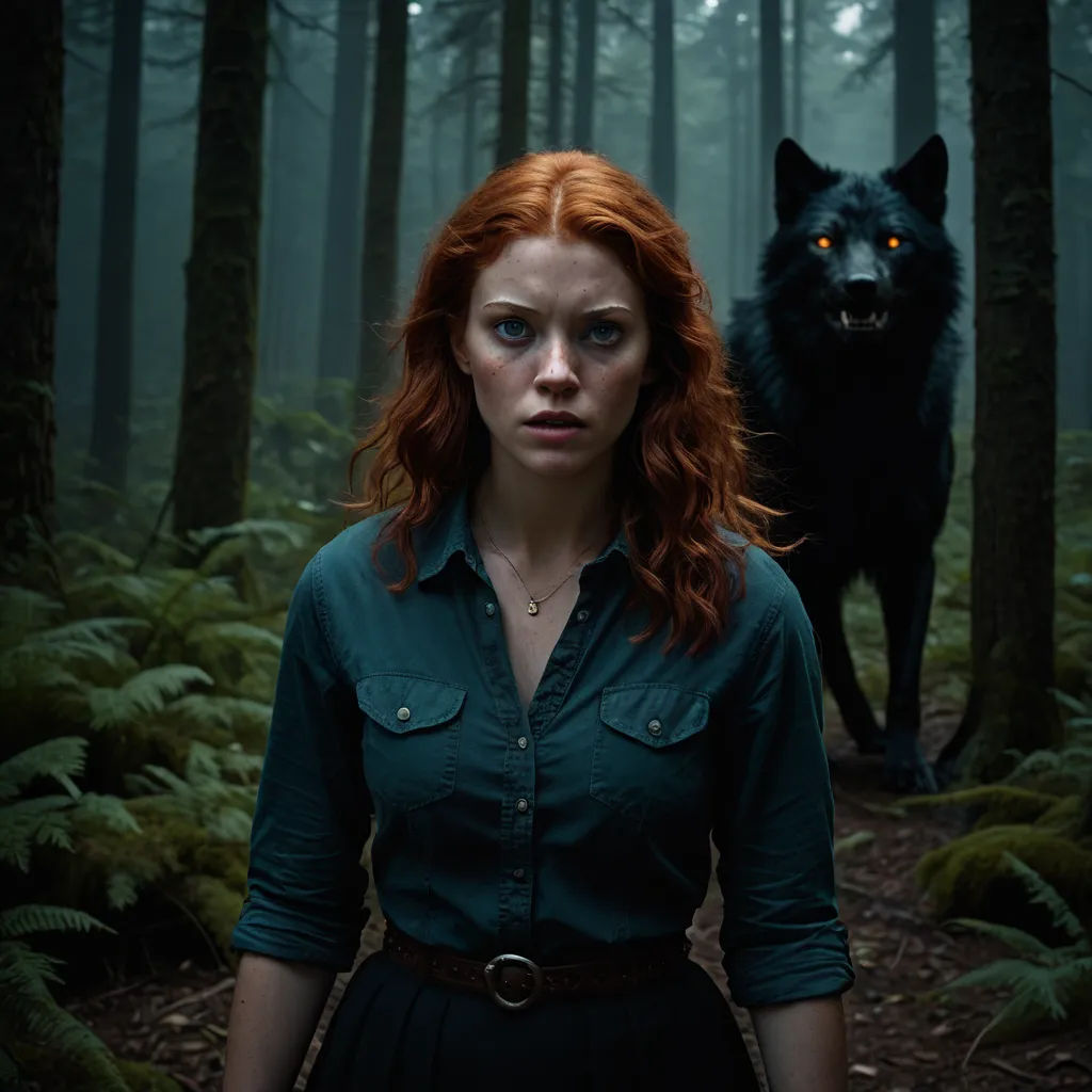 a woman in a forest with a wolf behind her and a forest scene behind her with a woman in a forest with a wolf behind her, naturalism, poster art, Caspar Wolf, promotional image