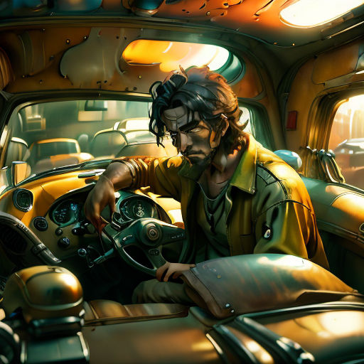 a man sitting in a car with a steering wheel and a book in his hand and a book in his other hand