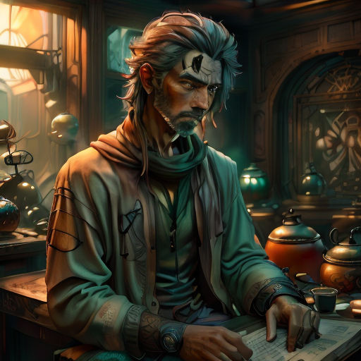 a man sitting at a table with a book in his hand and a teapot in the background with a clock on it