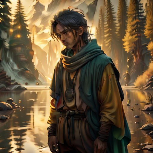 a man standing in front of a lake in a forest with mountains in the background and a forest scene in the background