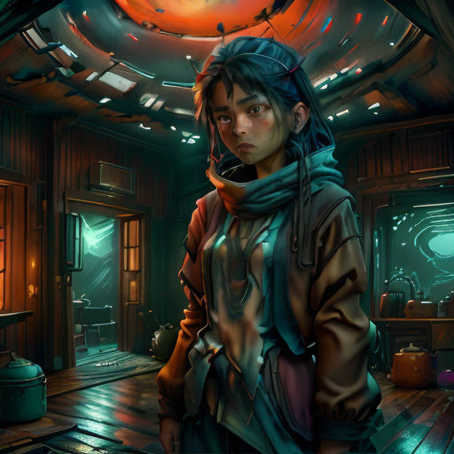 a woman in a futuristic looking room with a clock on the ceiling and a large orange light above her