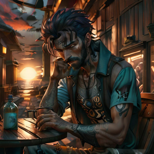a man sitting at a table with a bottle of alcohol in his hand and a bottle of medicine in his other hand