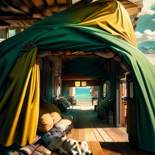 a dog laying on a bed under a green canopy on a wooden floor next to a beach and ocean