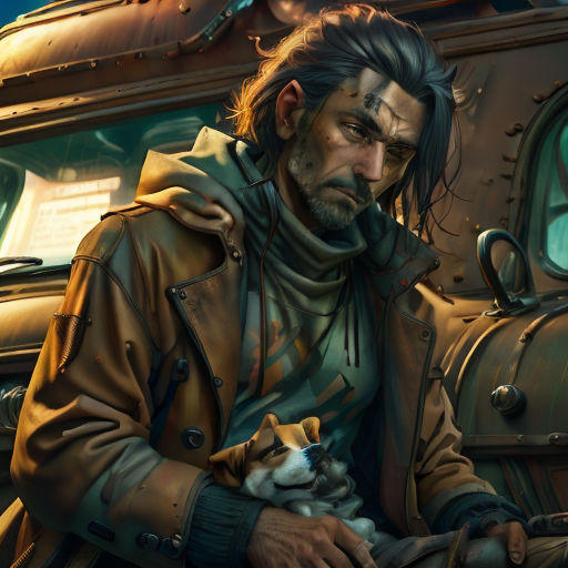 a man holding a dog in his arms in front of a train car with a dog in his lap