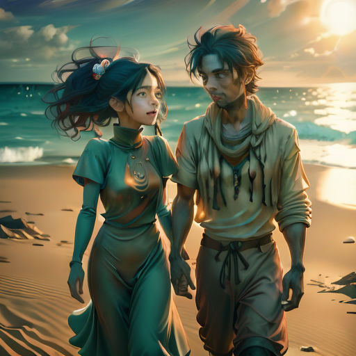 a man and a woman walking on a beach next to the ocean at sunset or sunrise time, with the sun shining through the clouds