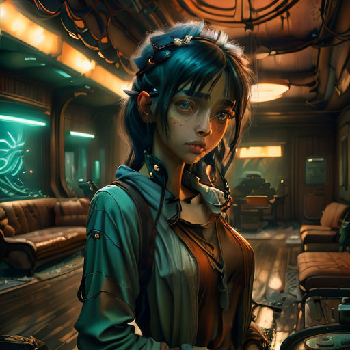 a woman in a green shirt standing in a room with a clock on the wall and a couch in the background