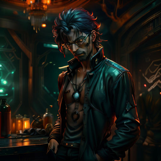 a man in a leather jacket standing in a room with a bar in the background and a green light