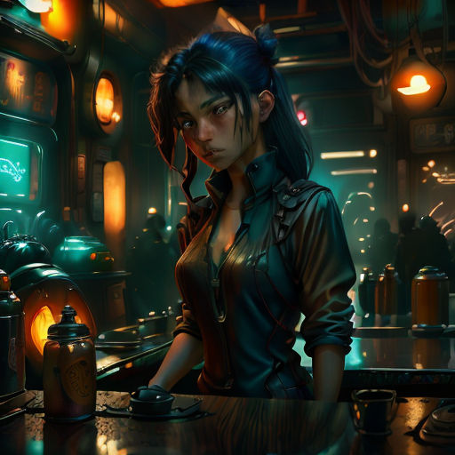 a woman in a dark room with a counter and a teapot in front of her, with a glowing light behind her