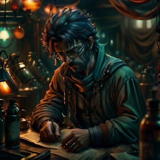 a man sitting at a table with a book and a lamp in the background and a lamp on the wall