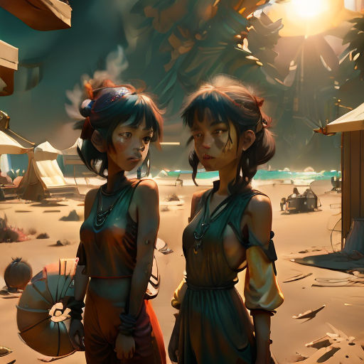 two women standing next to each other in a desert area with a sky background and a sun shining on them