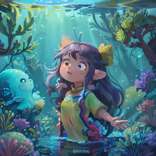 a girl in a green shirt standing in a underwater forest with a fish and plants around her, looking up at the sky