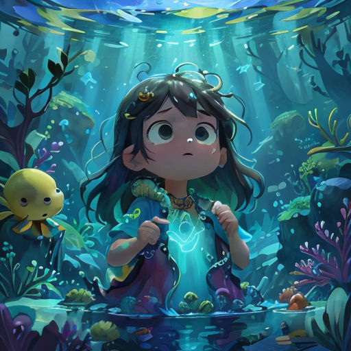 a girl in a underwater scene with a fish and a fish in the water, and a fish in the water