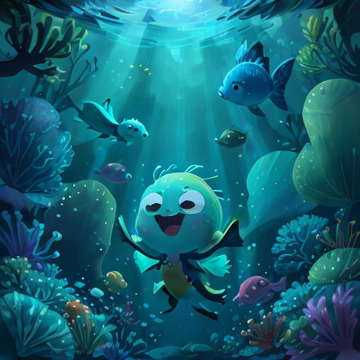 a cartoon character is swimming in the ocean with fish and corals around him, and a light shining on the water