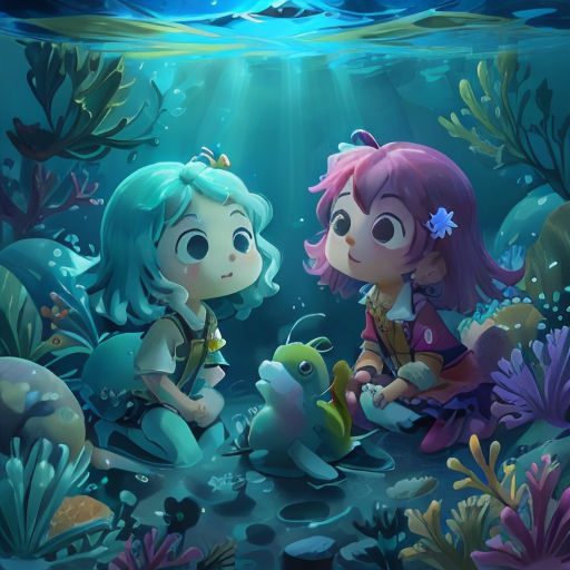 two little girls sitting on the ground in a underwater scene with fish and plants, and a man in a suit