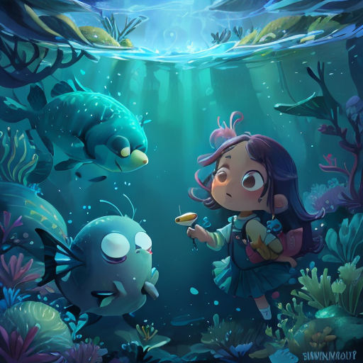 a girl is looking at a fish in the water with a fish in her hand and another fish in the background