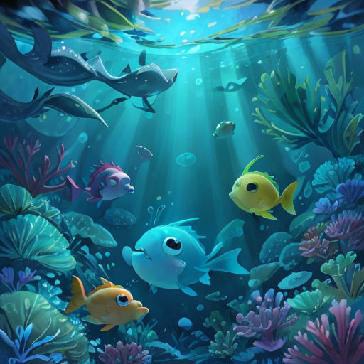 a painting of a group of fish swimming in the ocean with a sunbeam above them and a fish swimming in the water