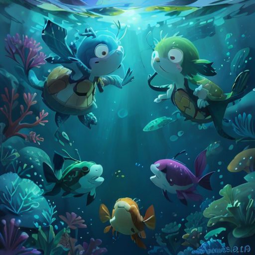 a painting of a group of people swimming in the ocean with fish and corals around them, with a man on a turtle