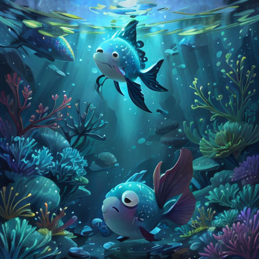a painting of two fish swimming in a sea with algaes and plants around them, under water with sunlight