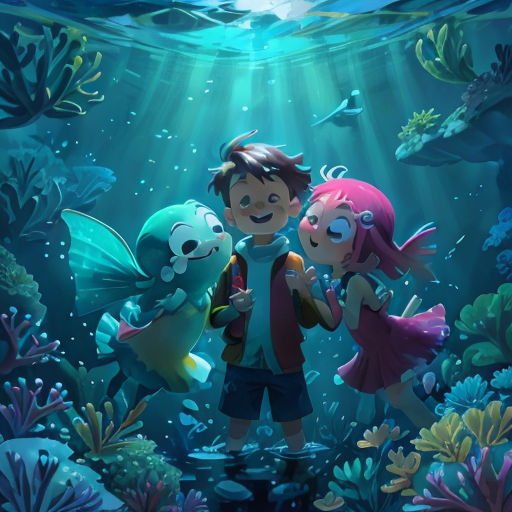 a boy and a girl standing in a underwater scene with fish and plants around them, under water, under a blue sky