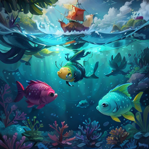 a painting of a fish and a pirate ship in the ocean with a lot of algaes and plants