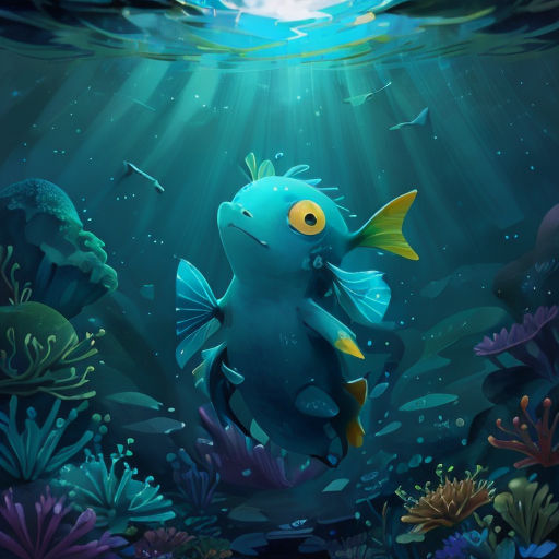 a blue fish with yellow eyes swimming in the ocean with a light shining on it's back side