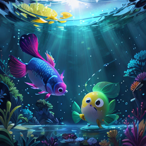 a painting of two fish swimming in a pond of water with algaes and plants around them, with sunlight shining through the water