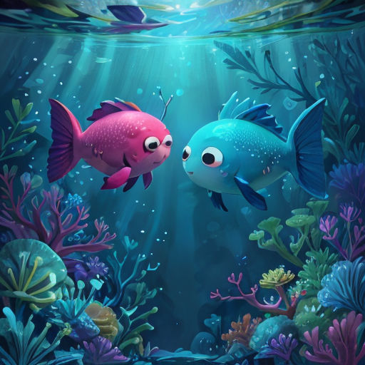 two fish swimming in the ocean with algaes and plants around them illustration of a cartoon character with a fish