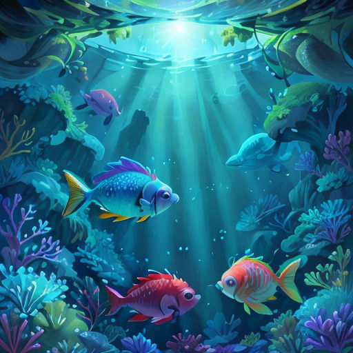 a painting of a group of fish swimming in a sea with a light shining down on them and a coral reef