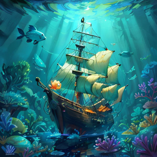 a painting of a ship in the ocean with fish and corals around it, with sunlight streaming through the water