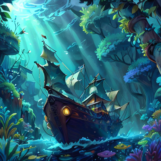 a painting of a boat in the middle of a forest with sunlight streaming through the trees and water below