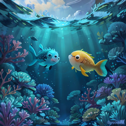 a painting of two fish swimming in the ocean with algaes and plants around them, with a sky background