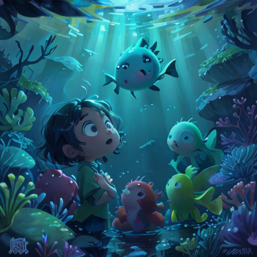 a little girl standing in front of a group of fish under water with a light shining on her face