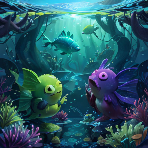 two fish in a deep blue sea with algaes and plants around them, with a light shining on the water