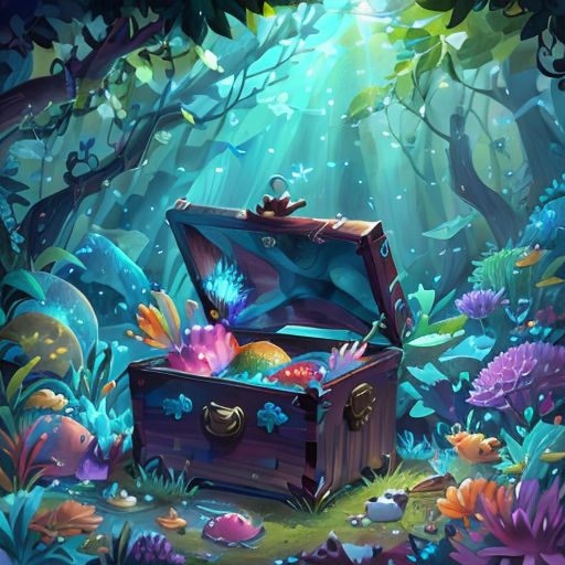 a trunk in the middle of a forest filled with plants and fish, with a light shining through the trees