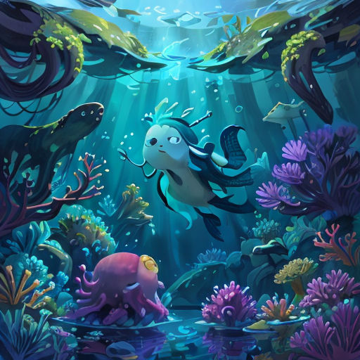 a painting of a fish and a fish in the ocean with a lot of algaes and other marine life