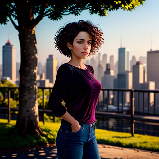 a woman standing in front of a tree in a city park with a view of the city skyline behind her