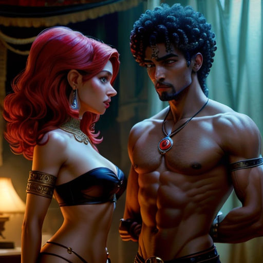 a man and a woman in a room with a lamp on the table and a lamp on the wall
