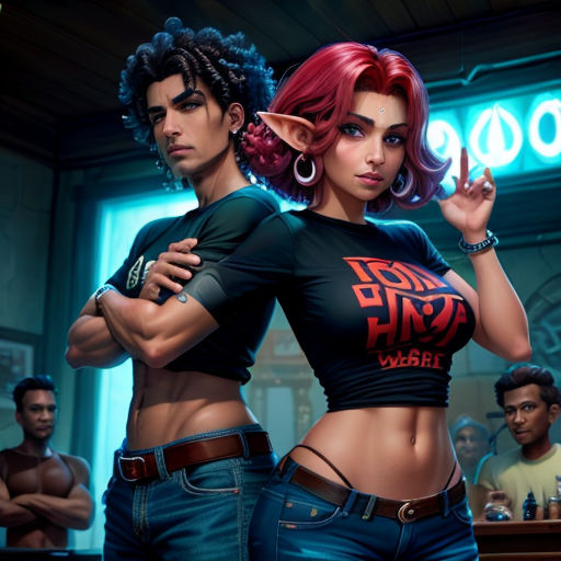 a couple of people standing next to each other in a room with a neon sign above them and a neon sign above them