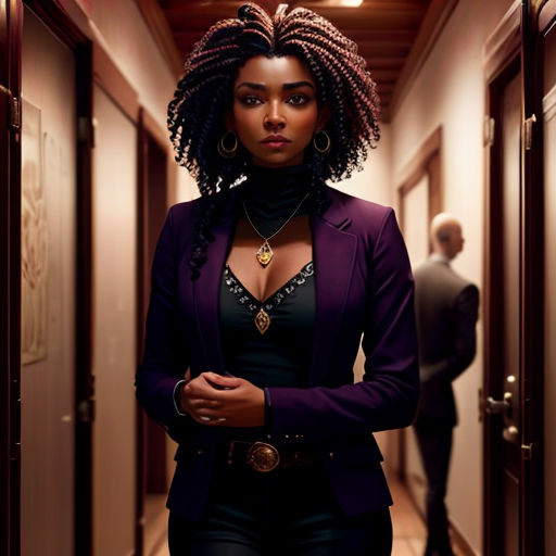 a woman in a suit and necklace standing in a hallway with a man in the background wearing a suit