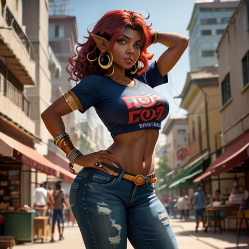 a woman with red hair and big hoop earrings standing in a street with buildings in the background and a woman with large hoop earrings on her head