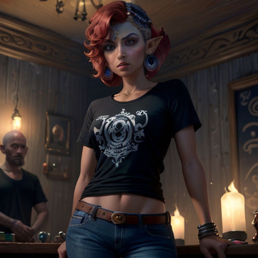 a woman with red hair and a black shirt standing in a room with a man in the background and a woman with red hair and a black shirt on